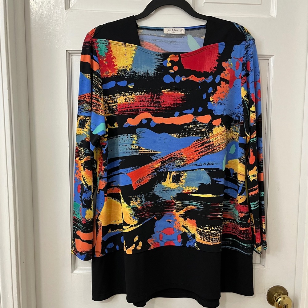 Jess & Jane‎ Sz L Artsty Art to Wear Flowy Tunic Top Colorful Statement Office
